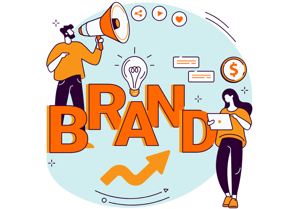 two professionals working on branding. one with laptop and other one is with speaker