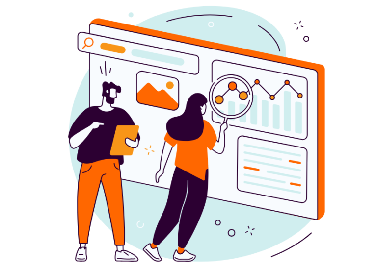 Two professionals analyze website performance: one examines an upward growth chart on a monitor with a magnifying glass, while the other reviews website documents during a redesign process.