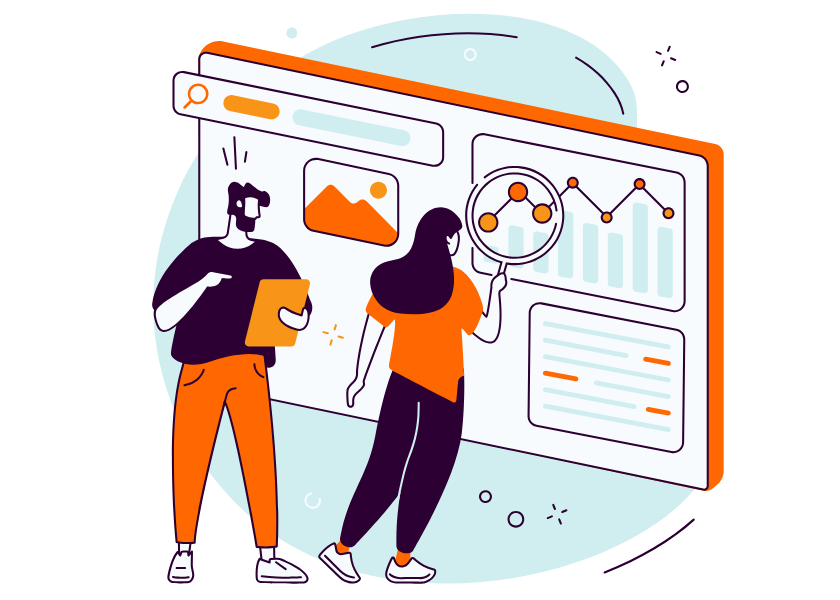 Two professionals analyze website performance: one examines an upward growth chart on a monitor with a magnifying glass, while the other reviews website documents during a redesign process.