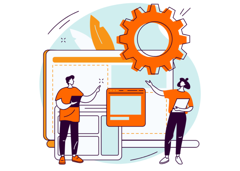 An illustration shows two professionals working on website.